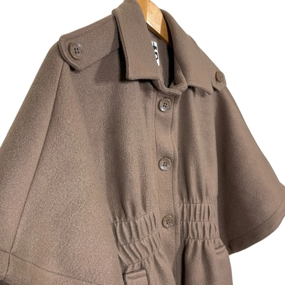 Staccato Women Lined Short Tan Brown Button Cape Pointed Collar Coat Jacket - Picture 3 of 7
